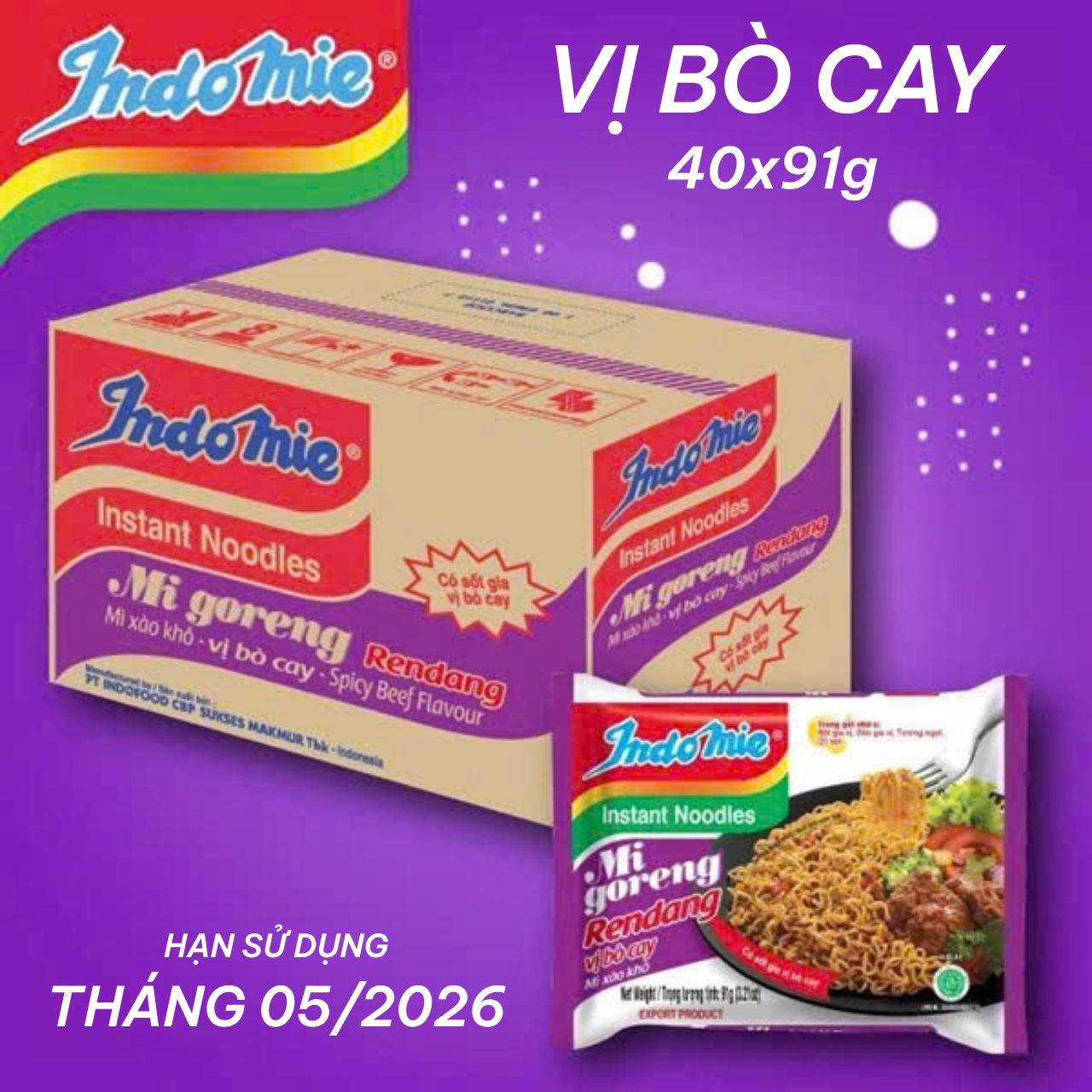 Thùng 40 Gói Mì trộn Indomie Vị Bò Cay 91g