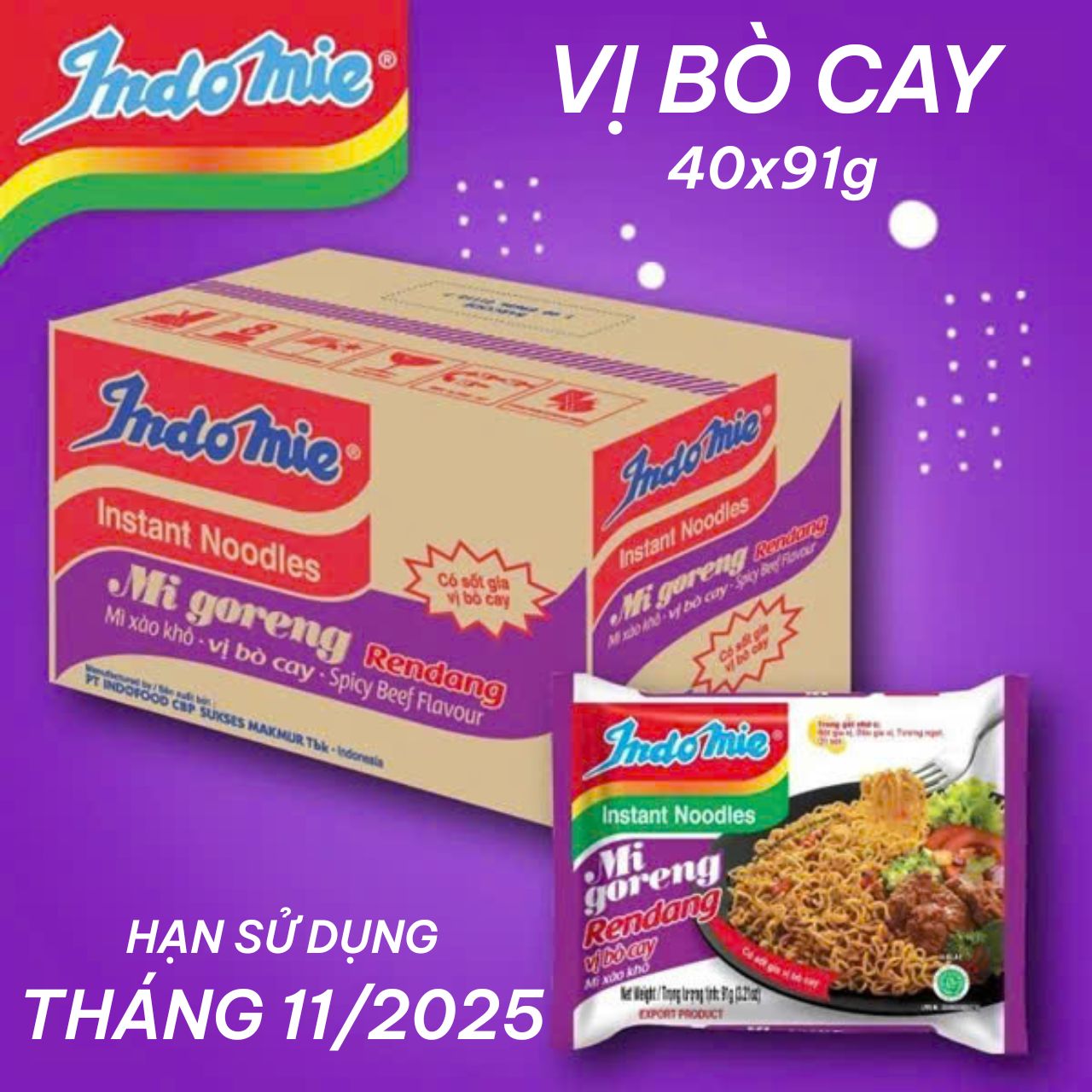 Thùng 40 Gói Mì trộn Indomie Vị Bò Cay 91g