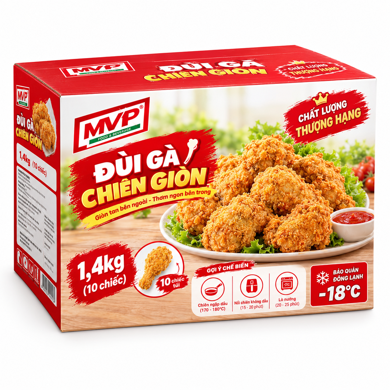 ĐÙI GÀ CHIÊN GIÒN MVP 1,4KG (TÚI 10 CHIẾC) – GIÒN RỤM NGOÀI, MỀM NGỌT BÊN TRONG