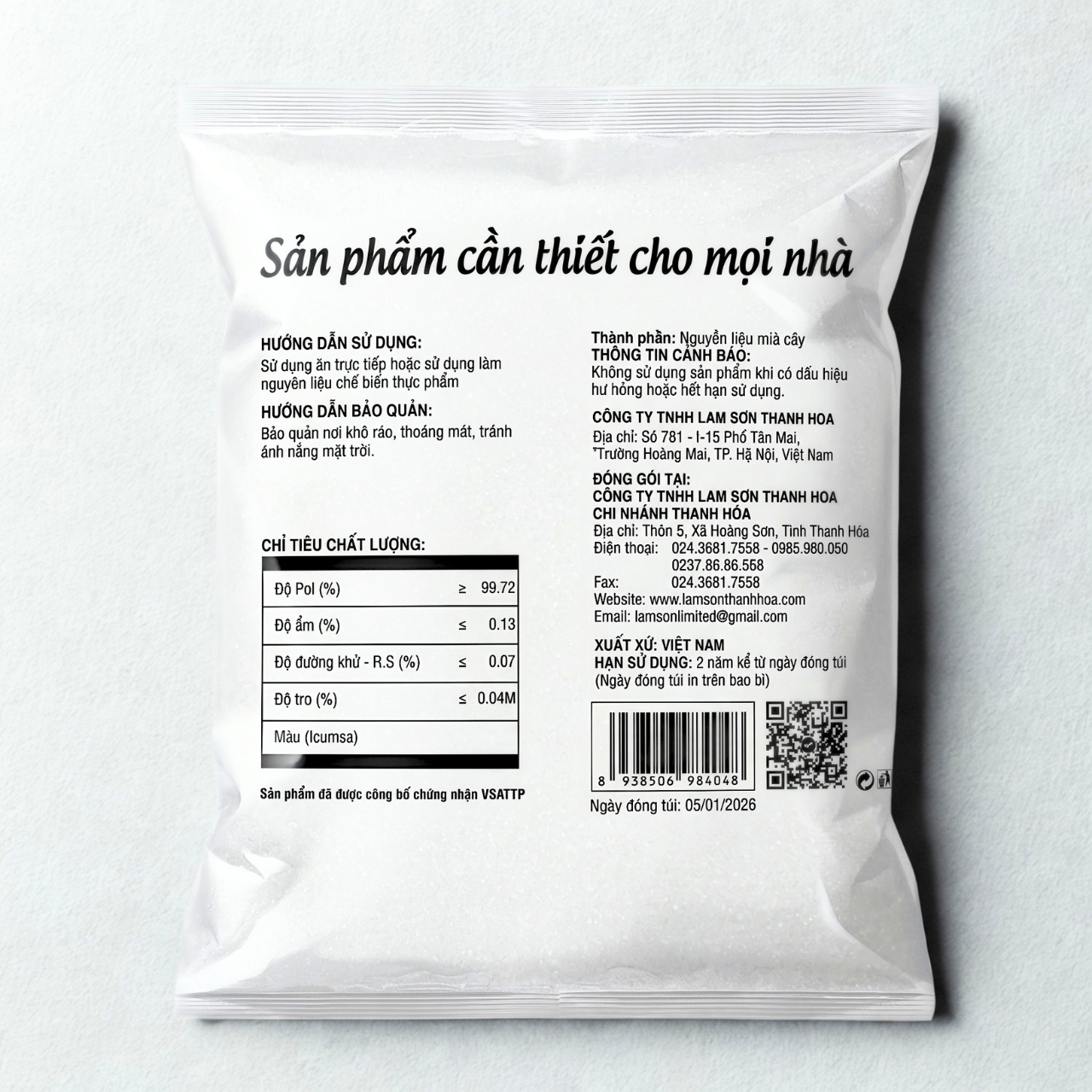 Đường Kính Trắng Tinh Luyện Xuất Khẩu Lam Sơn Gói 1Kg