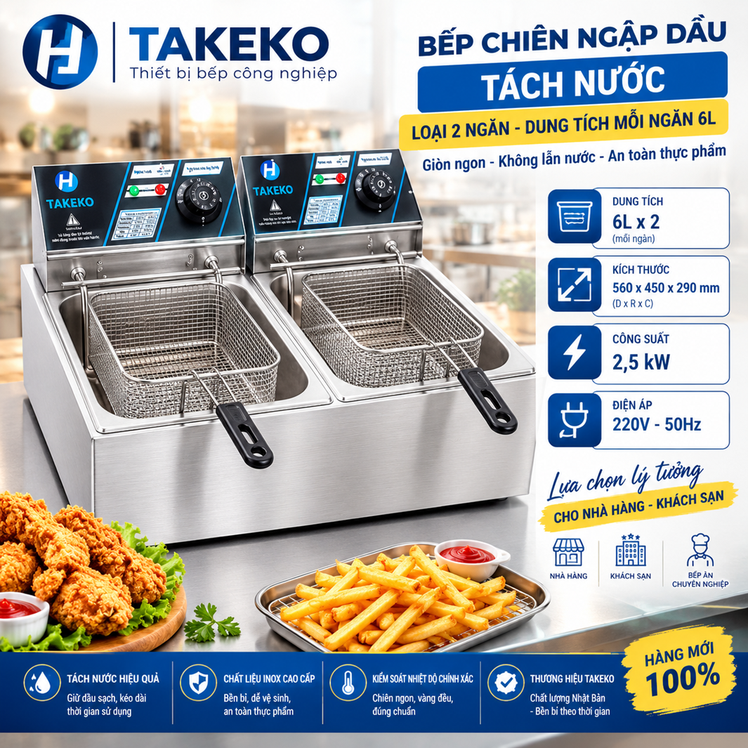 Bếp Chiên Tách Nước 2 Ngăn TAKEKO (6L + 6L) – Tiết Kiệm Dầu, Chiên Giòn Độc Lập