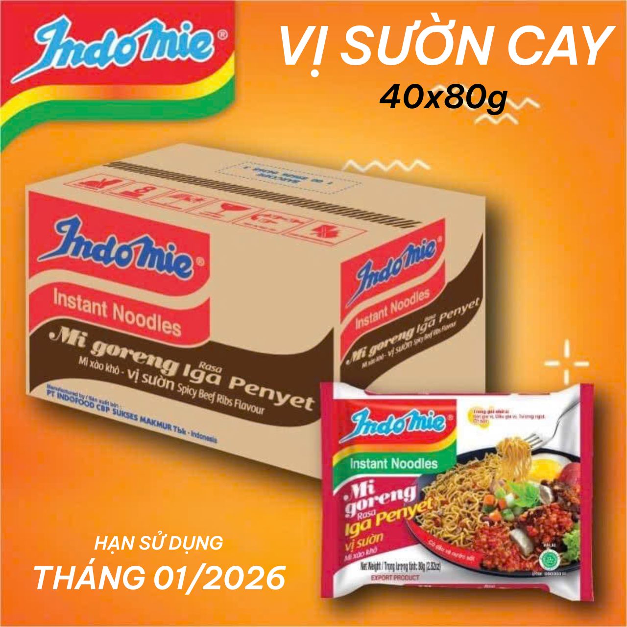 [Date: T01/2026] Thùng 40 Gói Mì Trộn Indomie Sườn Cay 80g