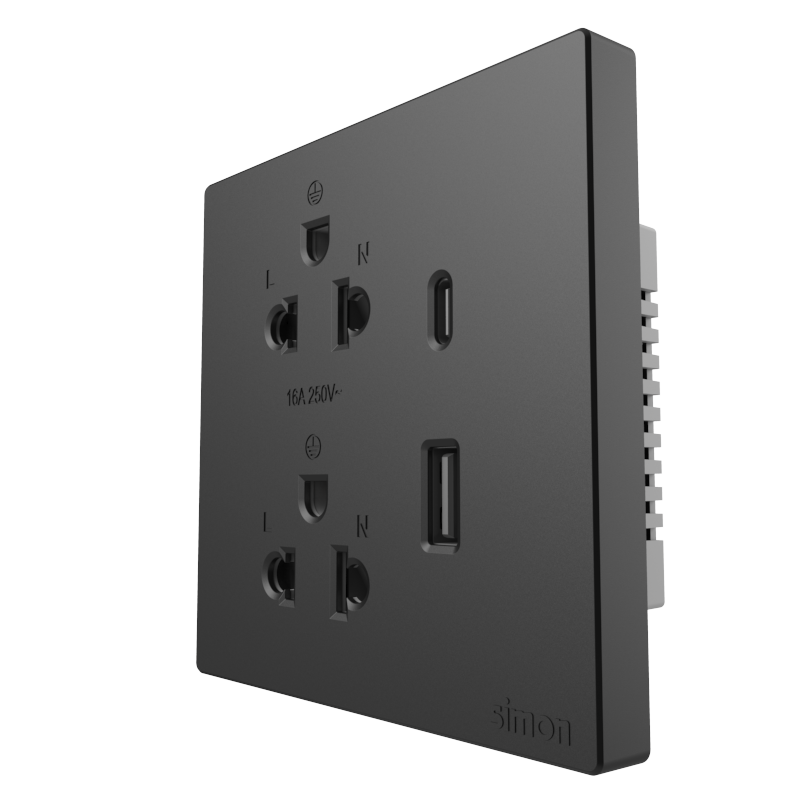 Module ổ cắm đôi 3 chấu 16A kèm sạc USB và TypeC Simon màu đen S6 58E7251-26