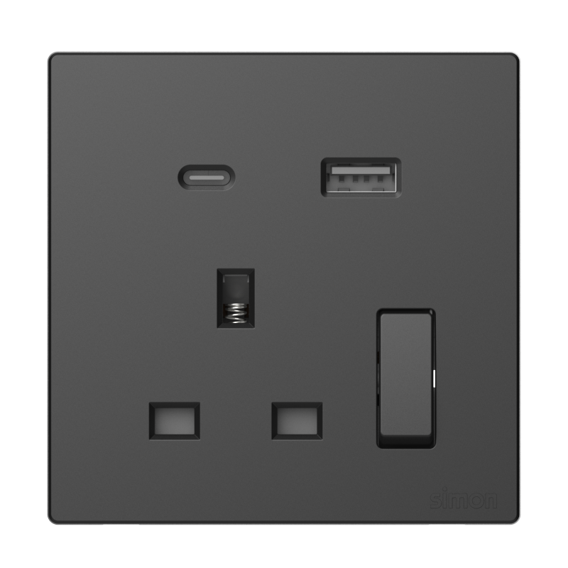Ổ cắm 3 chấu chuẩn Anh kèm công tắc và sạc USB + Type C màu đen Simon S6 58E7254-26