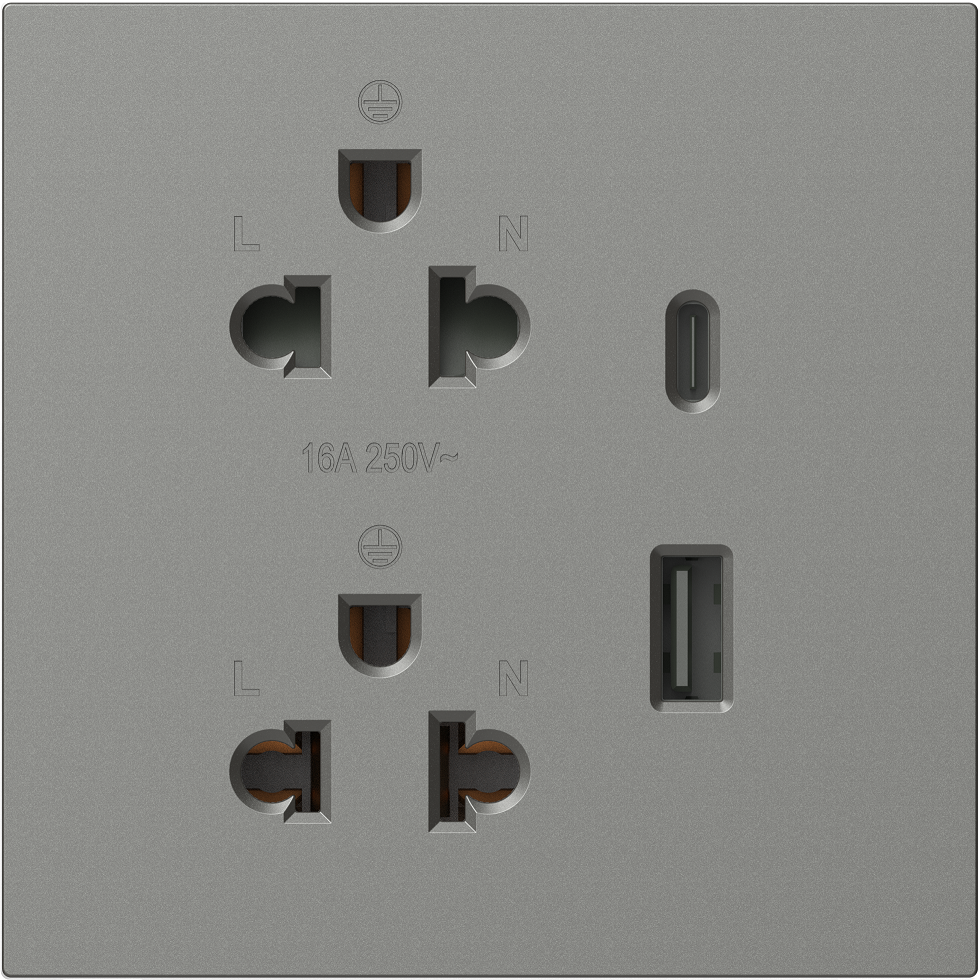 Module Ổ cắm đôi 3 chấu chuẩn Âu Mỹ 16A kèm sạc USB và type C màu Xám Simon M7 66E7251-6Q