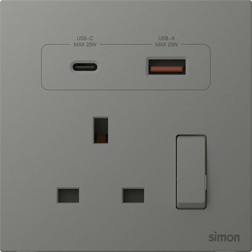 Module Ổ cắm chuẩn Anh kèm sạc USB và Type C có công tắc bật tắt ổ cắm màu xám Simon M7 66E7254-6Q