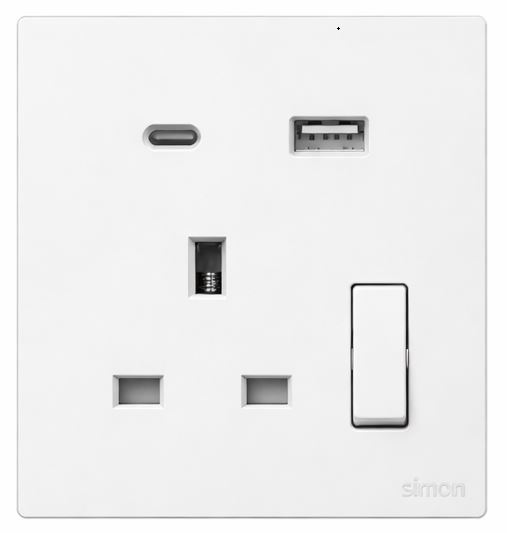 Ổ cắm 3 chấu chuẩn Anh kèm công tắc và sạc USB + Type C màu Trắng Simon S6 58E7254