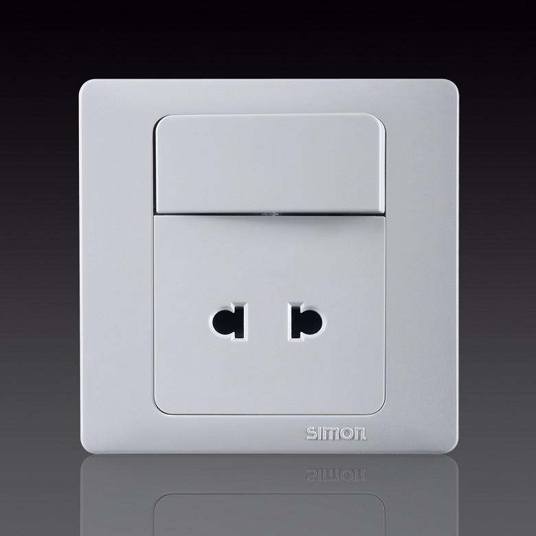 50S- Bộ Ổ cắm 2 chấu  dùng cho chấu tròn và dẹt kèm công tắc 1 chiều, 10A 250V~ Simon 51076B