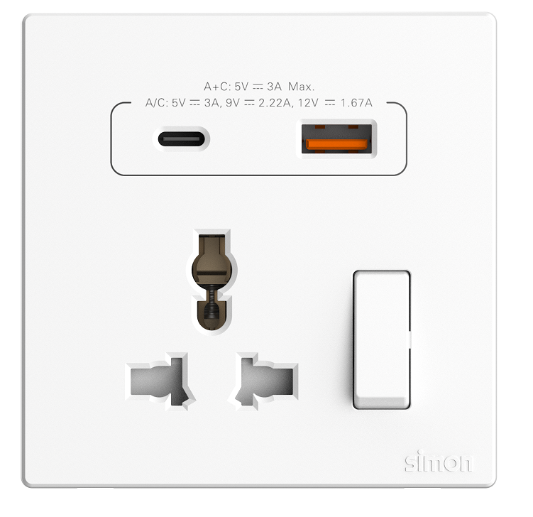 Ổ cắm đa năng kèm công tắc có sạc USB và sạc Type C màu Trắng Simon S6 58E7253