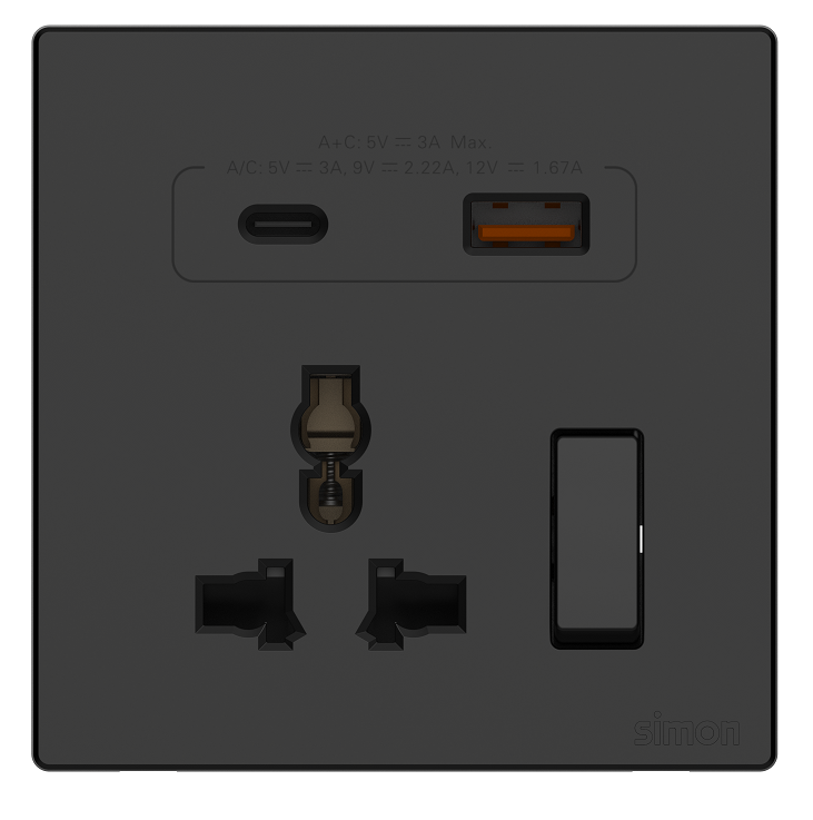 Ổ cắm đa năng kèm công tắc có sạc USB và Type C màu đen Simon S6 58E7253-26 chuẩn đế vuông