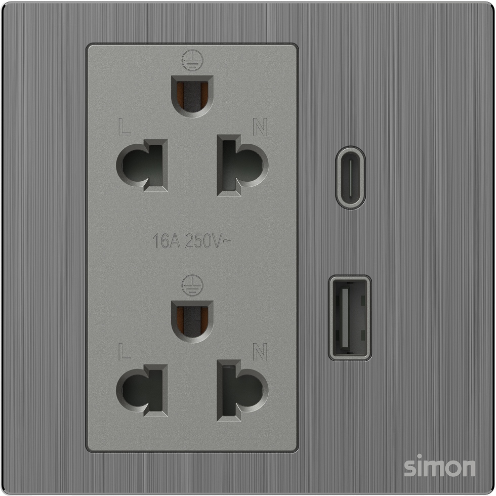 Module Ổ cắm đôi 3 chấu chuẩn Âu Mỹ 16A kèm sạc USB và type C màu xám kim loại Simon M7 66E7251M-2B