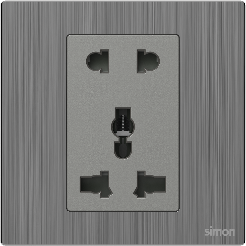 Bộ ổ cắm 3 chấu đa năng và 2 chấu màu xám mặt kim loại Simon M7 661080M-2B lắp đế vuông