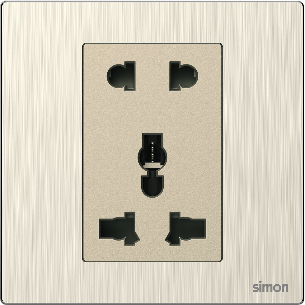 Bộ ổ cắm 3 chấu đa năng và 2 chấu màu vàng mặt kim loại Simon M7 661080M-2C lắp đế vuông