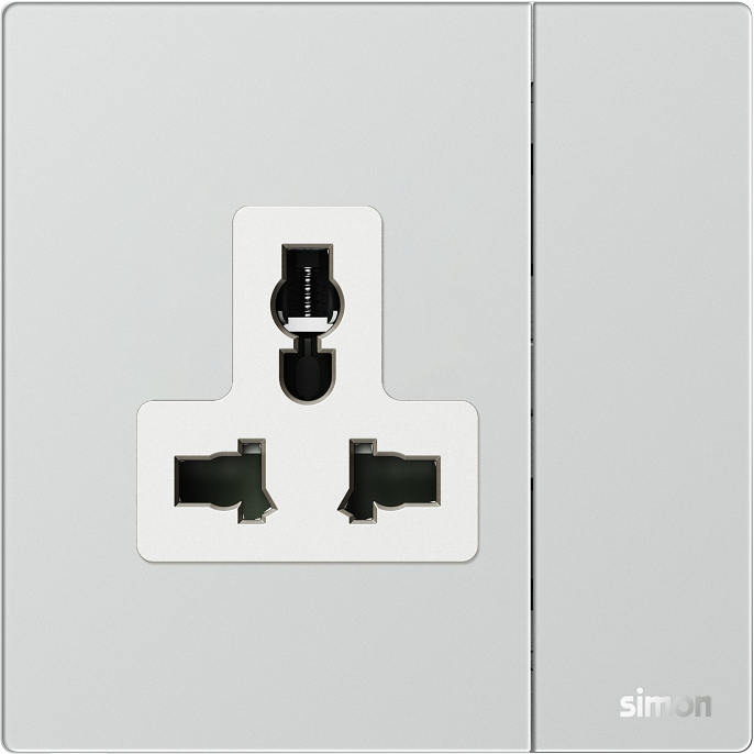 Bộ ổ cắm 3 chấu đa năng kèm công tắc màu bạc mặt kính Simon M7 661089G-4E lắp đế vuông