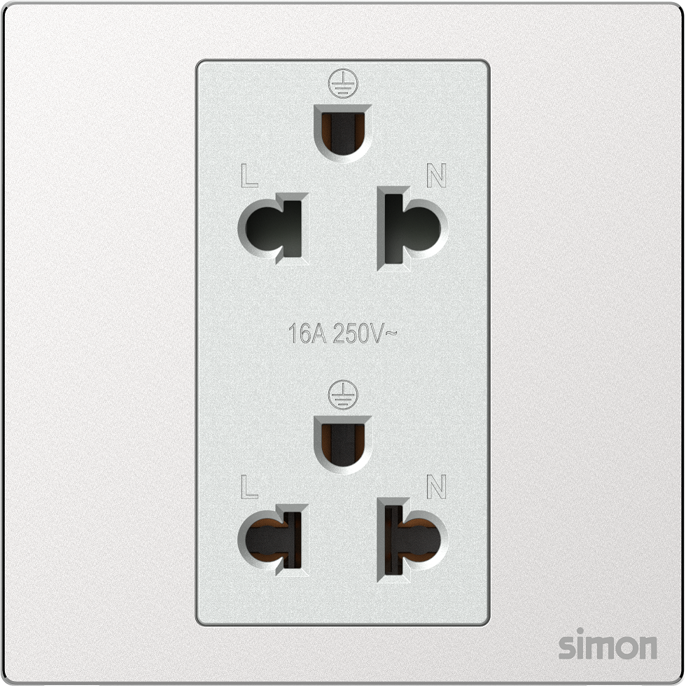 Bộ ổ cắm đôi 3 chấu chuẩn Âu Mỹ màu bạc mặt kim loại Simon M7 661287M-2A lắp đế vuông