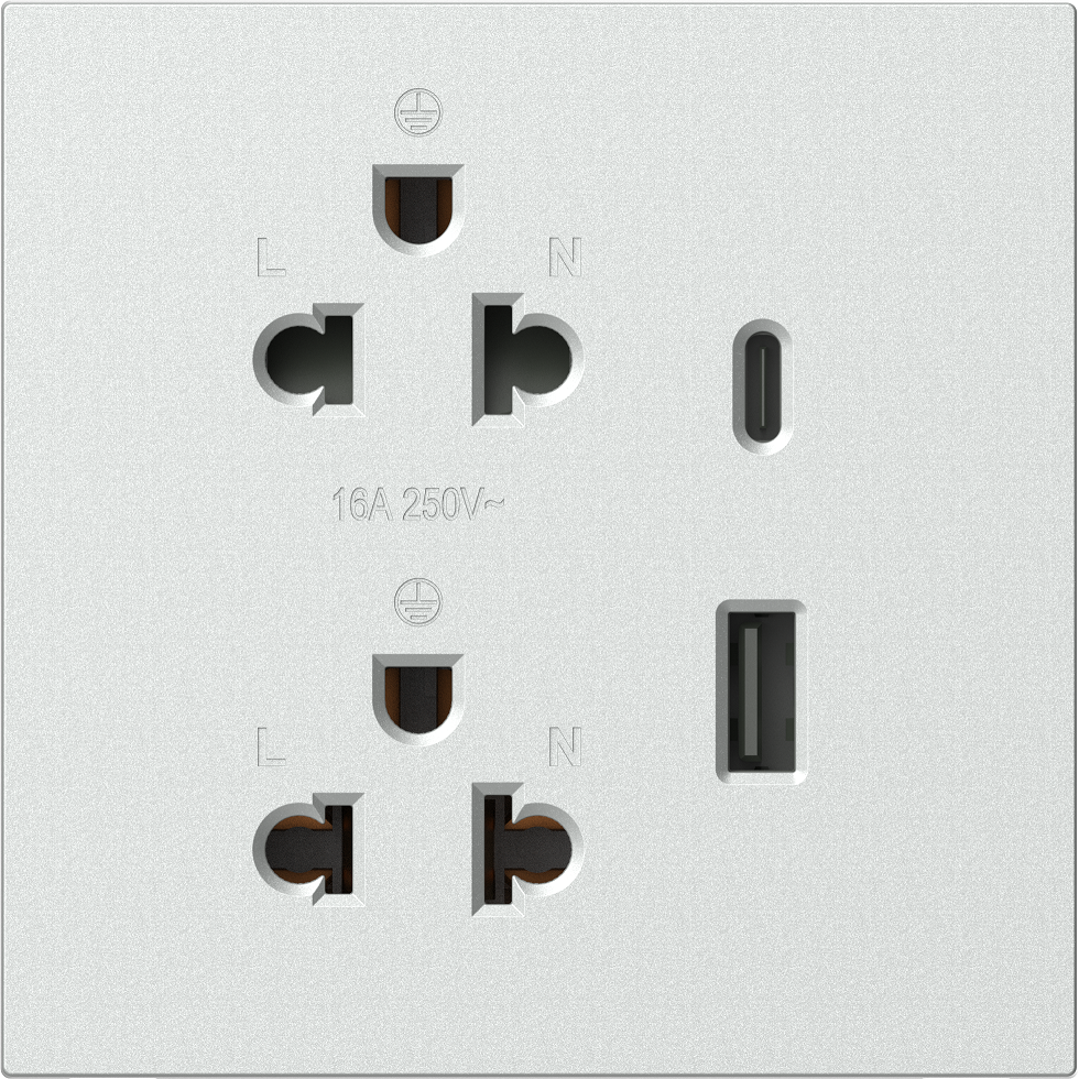 Module Ổ cắm đôi 3 chấu chuẩn Âu Mỹ 16A kèm sạc USB và type C màu Bạc Simon M7 66E7251-6R