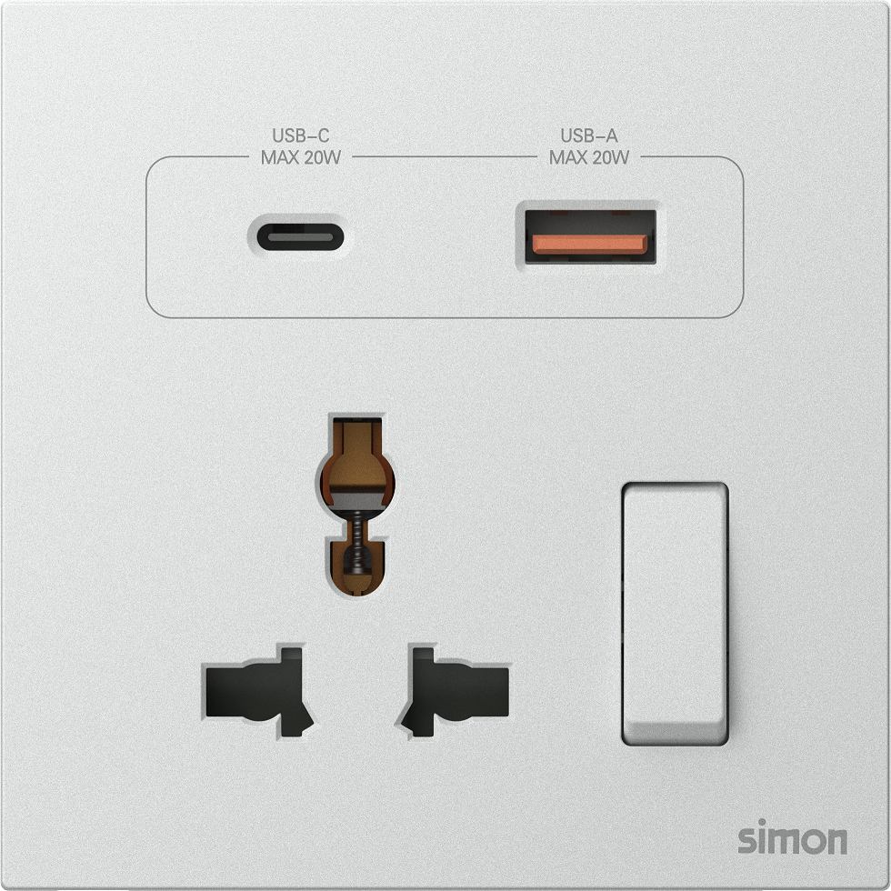 Module ổ cắm 3 chấu đa năng kèm sạc USB và Type C có công tắc màu Trắng Simon M7 66E7253