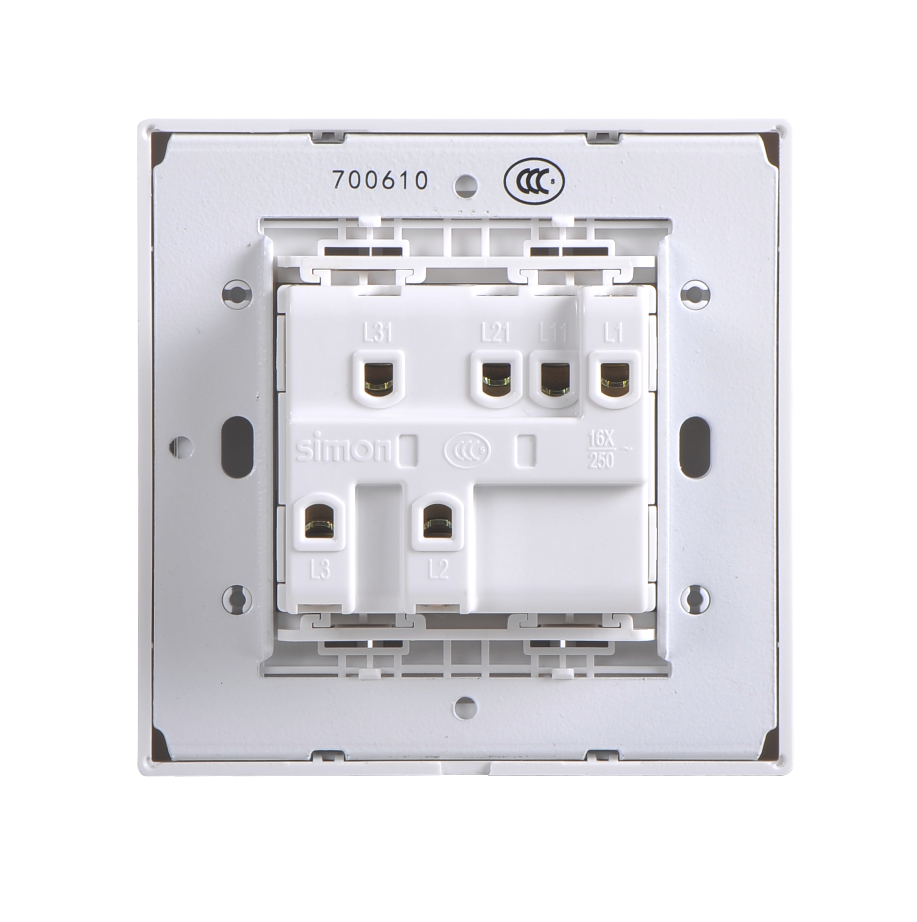 Công tắc ba 1 chiều màu trắng Simon Series I7 701031 lắp đế vuông