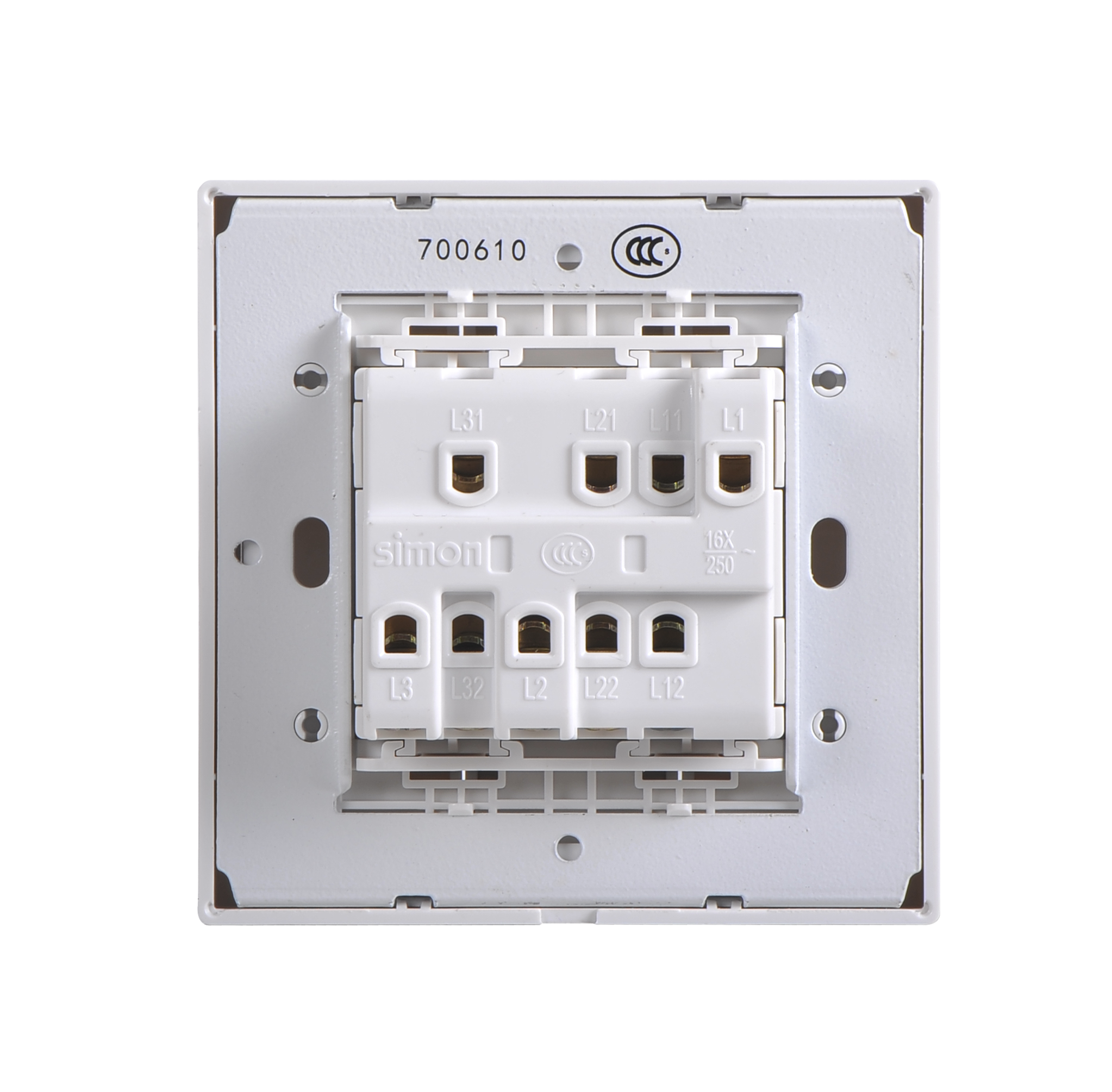 Công tắc ba 2 chiều màu trắng Simon series I7 701032 lắp đế vuông