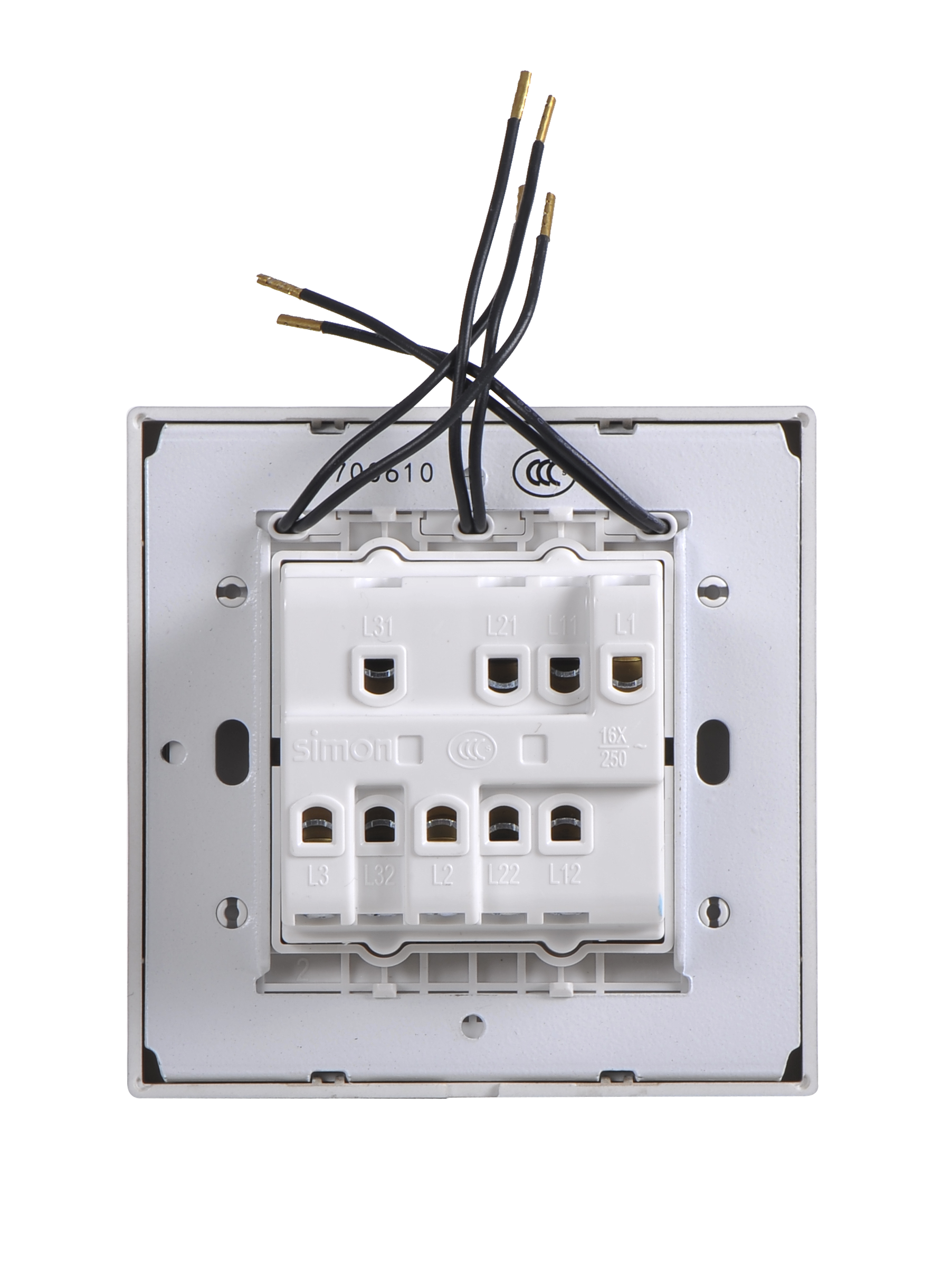 Công tắc ba 2 chiều có đèn LED Simon I7 701034-46 màu sâm panh đế vuông