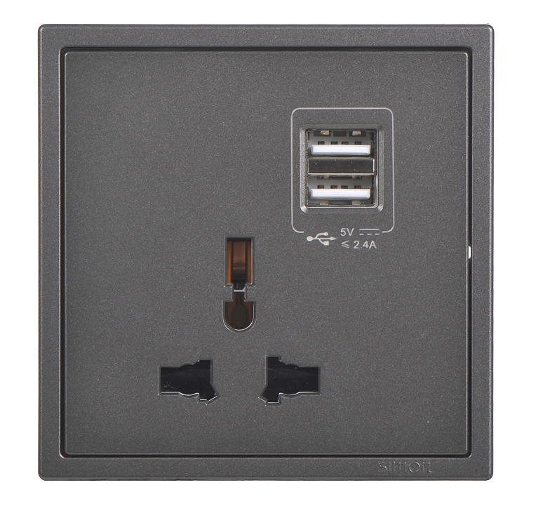 Ổ cắm đơn 3 chấu đa năng kèm 2 ổ cắm USB Simon I7 70E725-61 màu xám