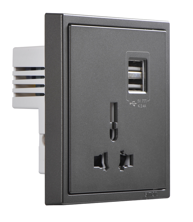 Ổ cắm đơn 3 chấu đa năng kèm 2 ổ cắm USB Simon I7 70E725-61 màu xám