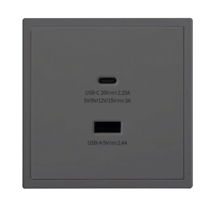 Ổ cắm sạc USB 5V, 24,A và type C 45W Simon màu xám vuông I7 70E727-61
