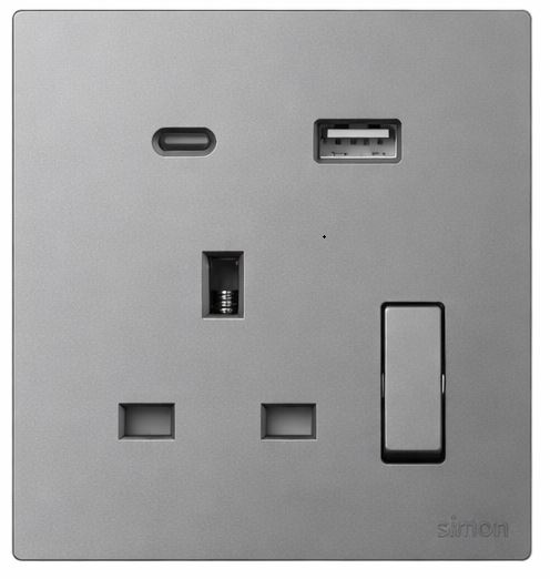 Ổ cắm 3 chấu chuẩn Anh kèm công tắc và sạc USB + Type C màu xám Simon S6 58E7254-61