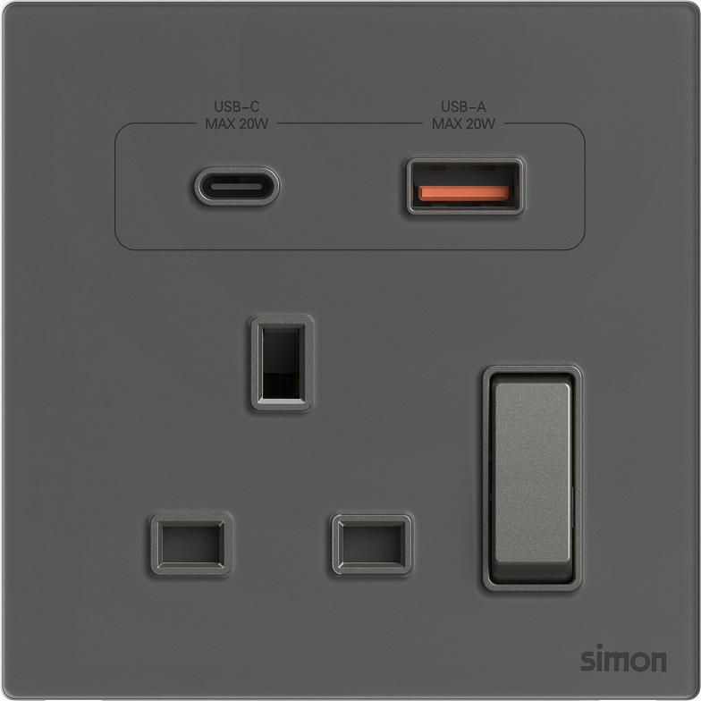 Module Ổ cắm 3 chấu chuẩn Anh kèm Sạc USB và TypeC Simon M7 66E7254G-4D mặt kính cường lực màu xám