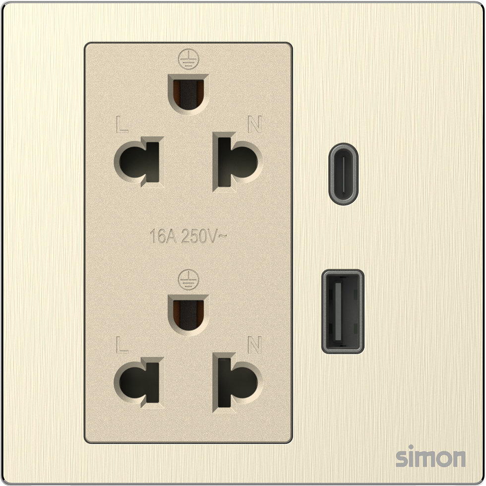 Module Ổ cắm đôi 3 chấu chuẩn Âu Mỹ 16A kèm sạc USB và type C màu vàng (gold) kim loại Simon M7 66E7251M-2C