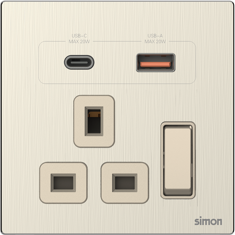 Module Ổ cắm 3 chấu chuẩn Anh kèm Sạc USB và TypeC Simon M7 66E7254M-2C mặt kim loại màu vàng Santigold