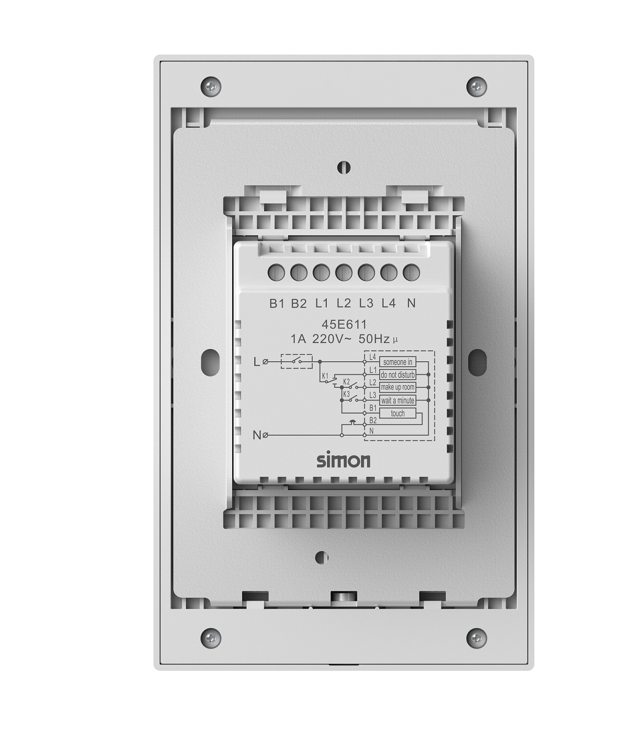 Module Nút nhấn chuông hiển thị "không làm phiền" "Mời dọn phòng" "Chờ một chút" "Có người bên trong" Simon I7 45E611 màu trắng