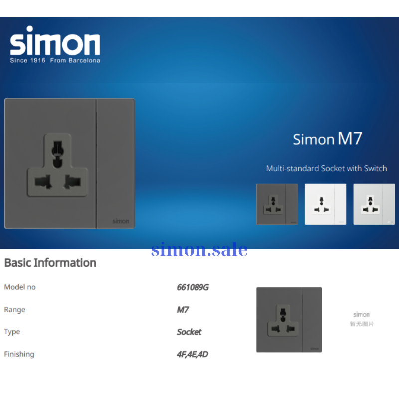 Bộ ổ cắm 3 chấu đa năng kèm công tắc màu bạc mặt kính Simon M7 661089G-4E lắp đế vuông