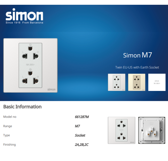 Bộ ổ cắm đôi 3 chấu chuẩn Âu Mỹ màu xám mặt kim loại Simon M7 661287M-2B lắp đế vuông