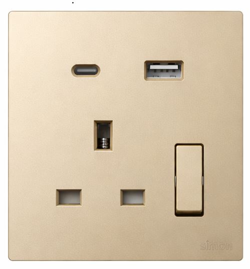 Ổ cắm 3 chấu chuẩn Anh kèm công tắc và sạc USB + Type C màu sâm panh Simon S6 58E7254-46