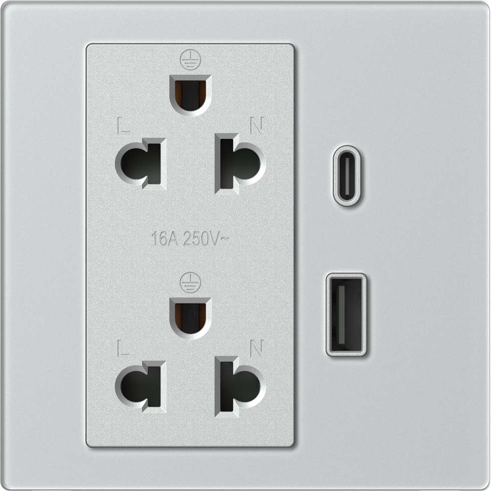 Module Ổ cắm đôi 3 chấu chuẩn Âu Mỹ 16A kèm sạc USB và type C màu bạc mặt kính cường lực Simon M7 66E7251G-4E