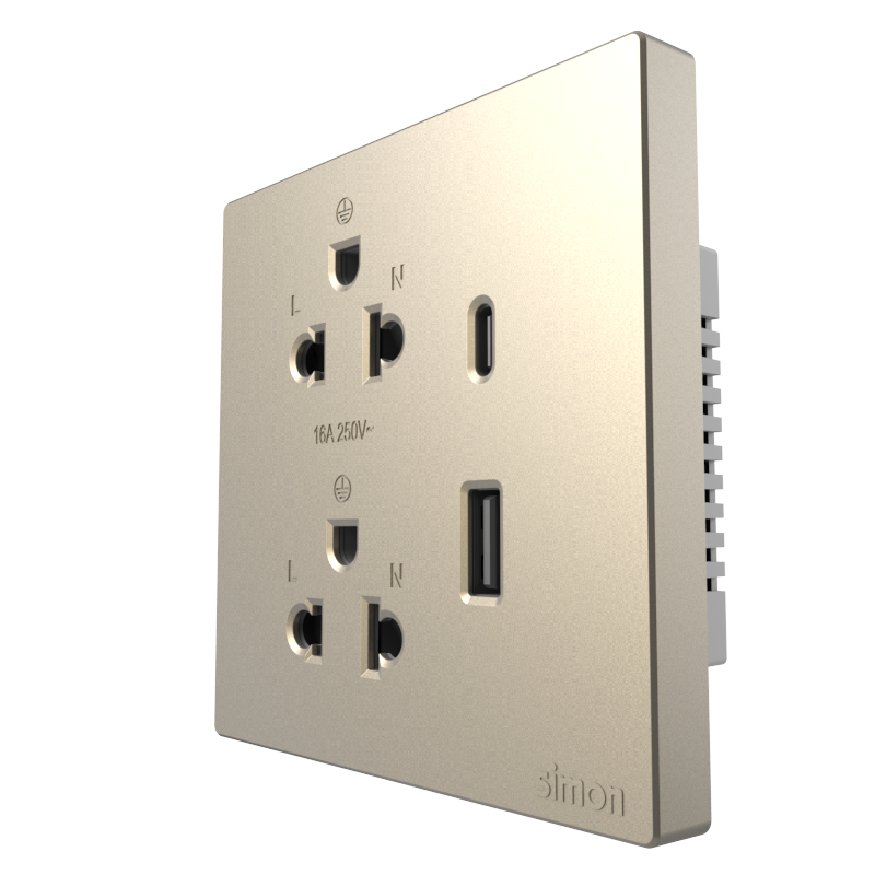 Module ổ cắm đôi 3 chấu 16A kèm sạc USB và TypeC Simon màu Sâm panh S6 58E7251-46