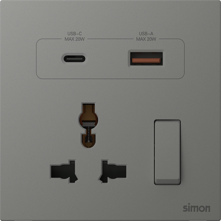 Module Ổ cắm đa năng kèm ổ sạc USB và TypeC có công tắc màu xám Simon M7 66E7253-6Q