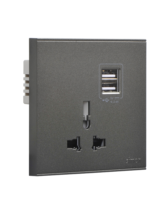 E6- Bộ Ổ cắm đơn đa tiêu chuẩn 10A có cổng sạc USB (Grey) Simon 72E725-61 Màu xám