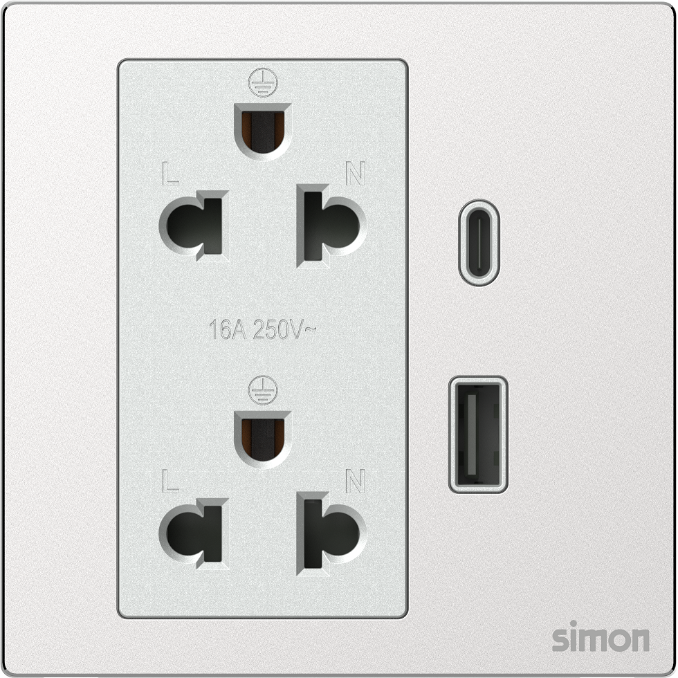Module Ổ cắm đôi 3 chấu chuẩn Âu Mỹ 16A kèm sạc USB và type C màu bạc kim loại Simon M7 66E7251M-2A