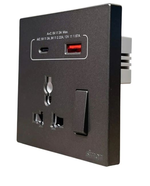 Ổ cắm đa năng kèm công tắc có sạc USB và Type C màu đen Simon S6 58E7253-26 chuẩn đế vuông