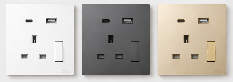 Ổ cắm 3 chấu chuẩn Anh kèm công tắc và sạc USB + Type C màu sâm panh Simon S6 58E7254-46