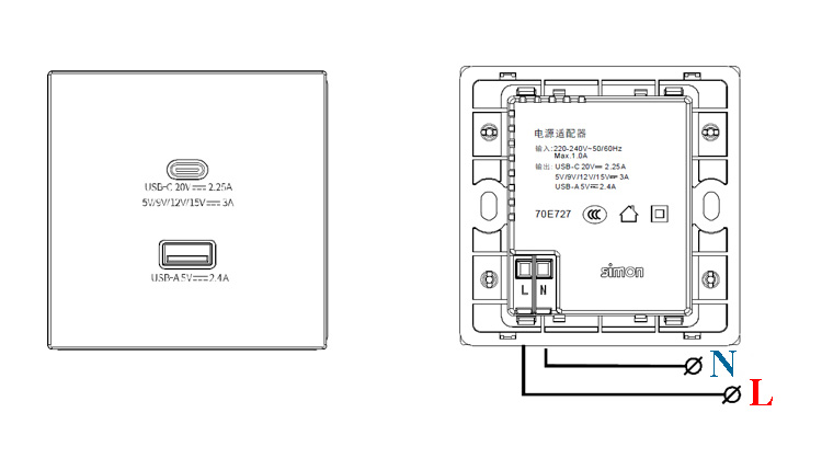 Module Ổ cắm USB (5V 2.4A) + sạc Type C (45W) màu trắng Simon I7 70E727