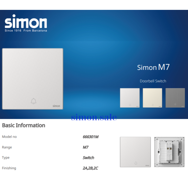 Bộ nút bấm chuông cửa màu bạc mặt kim loại Simon M7 666301M-2A lắp đế vuông