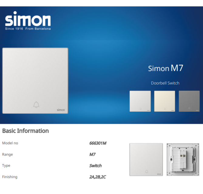 Bộ nút bấm chuông cửa màu vàng mặt kim loại Simon M7 666301M-2C lắp đế vuông
