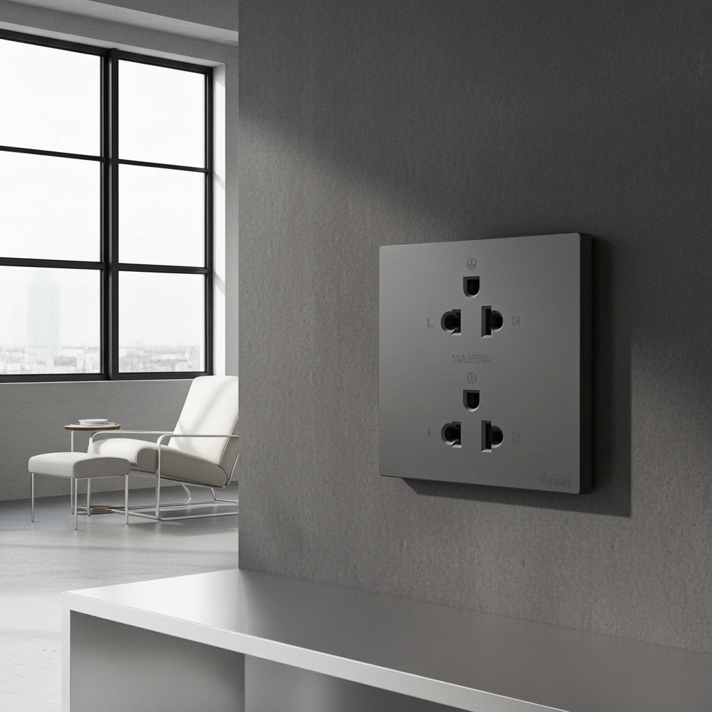 Module Ổ cắm đôi 3 chấu chuẩn Âu Mỹ màu xám (Grey) Simon S6 581287-61 lắp chuẩn đế vuông