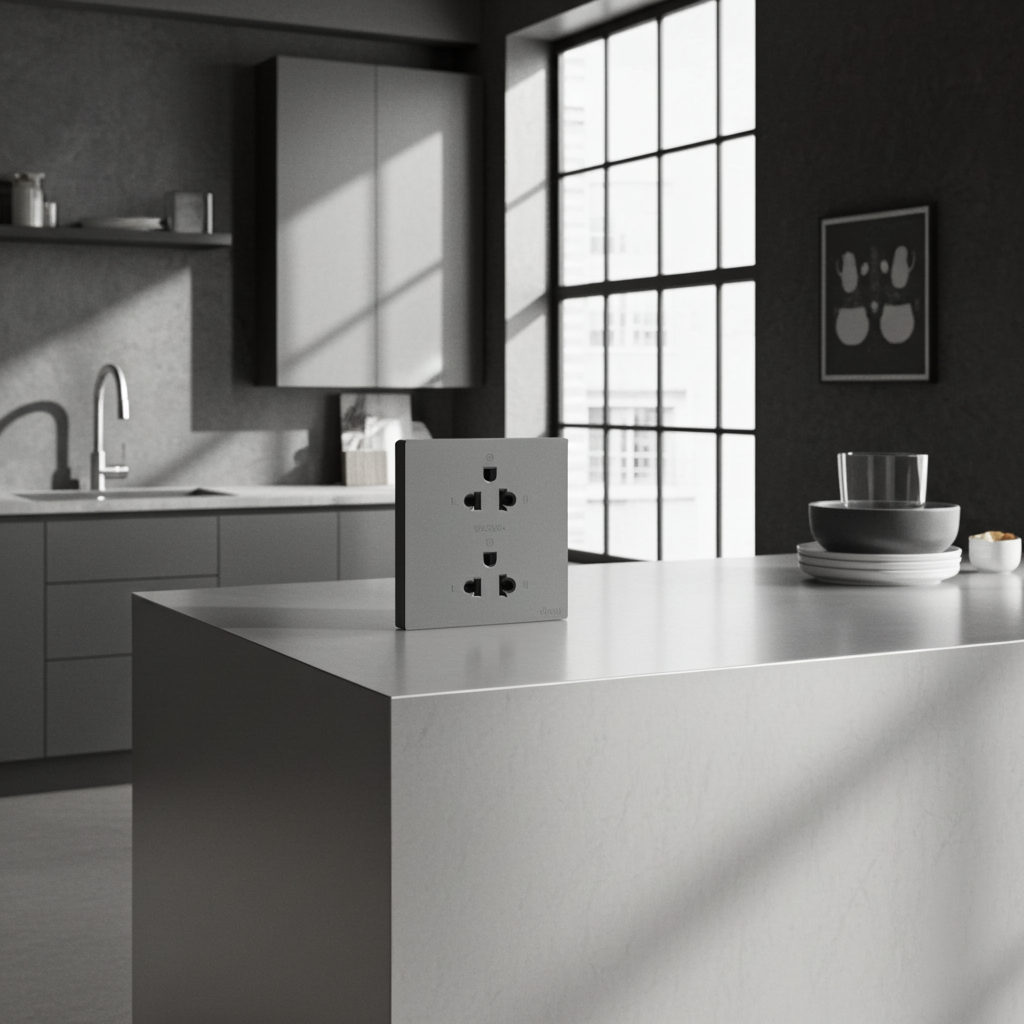 Module Ổ cắm đôi 3 chấu chuẩn Âu Mỹ màu xám (Grey) Simon S6 581287-61 lắp chuẩn đế vuông