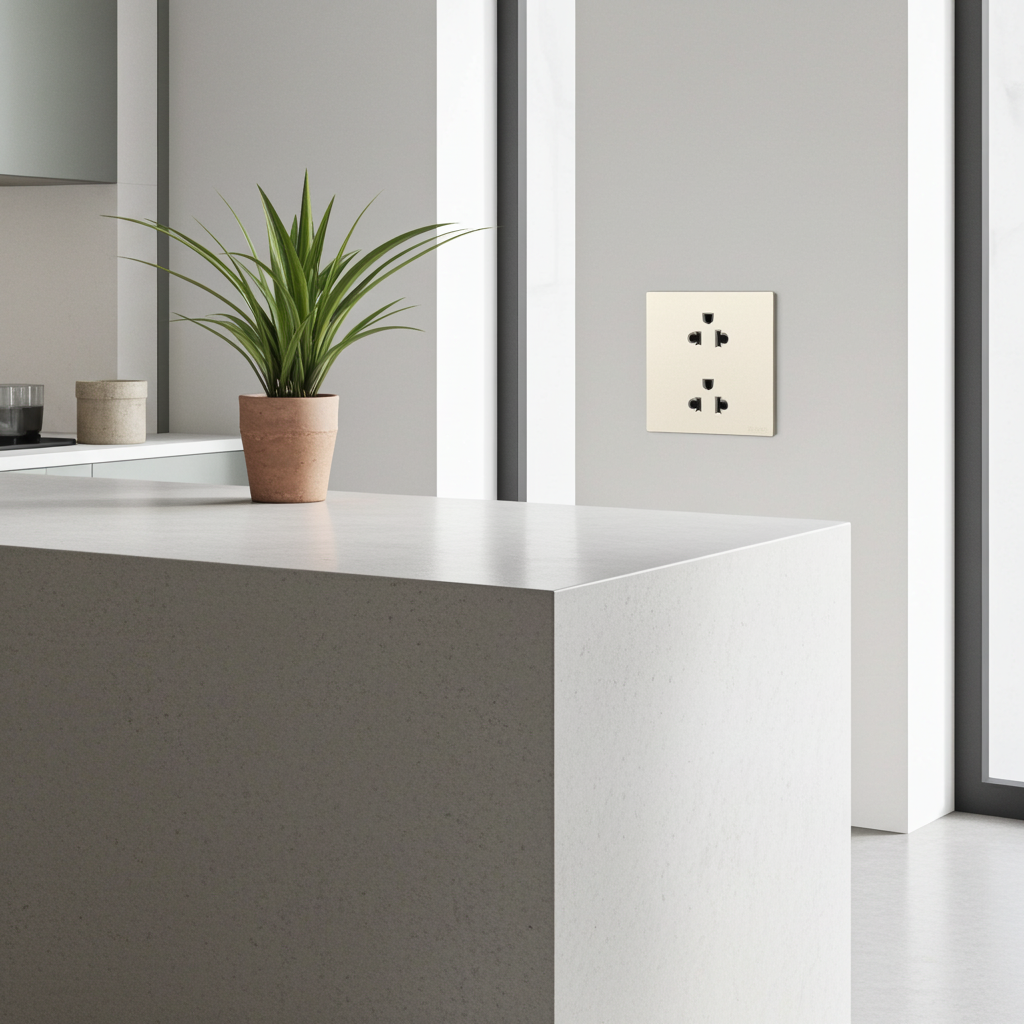 Module ổ cắm đôi 3 chấu chuẩn Âu Mỹ màu sâm panh Simon S6 581287-46 lắp chuẩn đế vuông