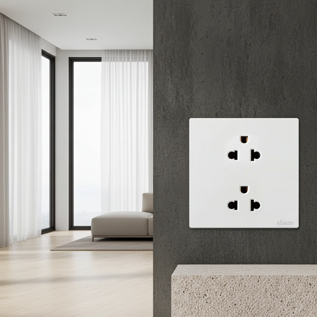 Module ổ cắm đôi 3 chấu chuẩn Âu Mỹ màu trắng Simon S6 581287 lắp chuẩn đế vuông