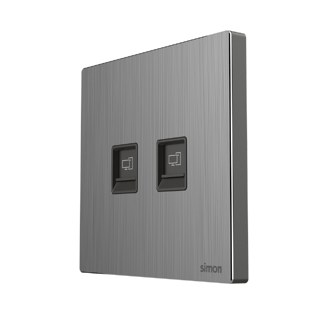 Module ổ cắm mạng đôi Cat 6 màu ghi xám mặt kim loại Simon M7 665228G-2B lắp đế vuông